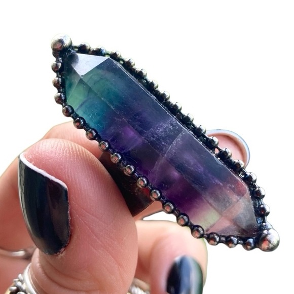 Silverskylight2 Jewelry - Natural dark green purple fluorite gemstone adjustable ring boho goth stones